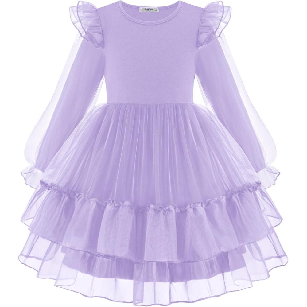imageArshiner Toddler Girls Tiered Tutu Dress Fall Formal Party Birthday Princess Long Sleeve Tulle DressesLavender