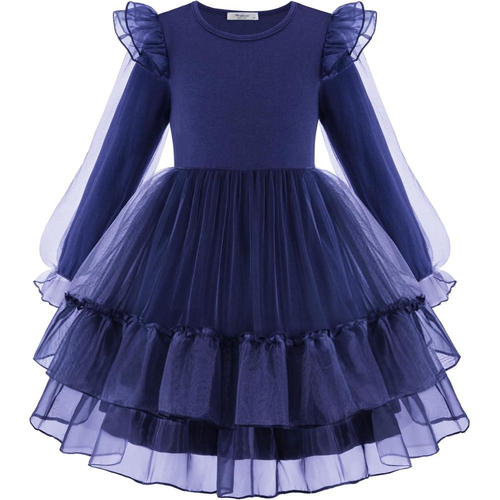 imageArshiner Toddler Girls Tiered Tutu Dress Fall Formal Party Birthday Princess Long Sleeve Tulle DressesNavy Blue