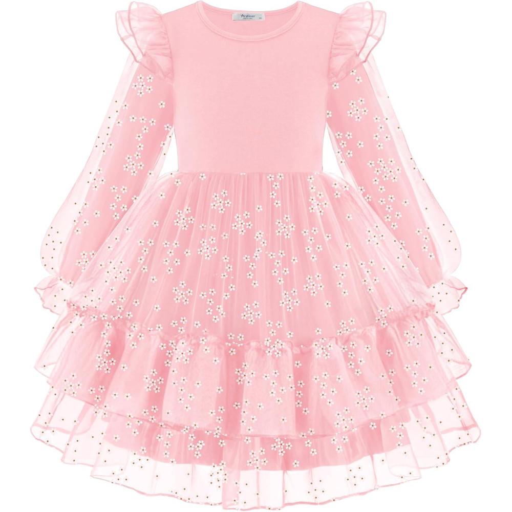imageArshiner Toddler Girls Tiered Tutu Dress Fall Formal Party Birthday Princess Long Sleeve Tulle DressesPink Floral