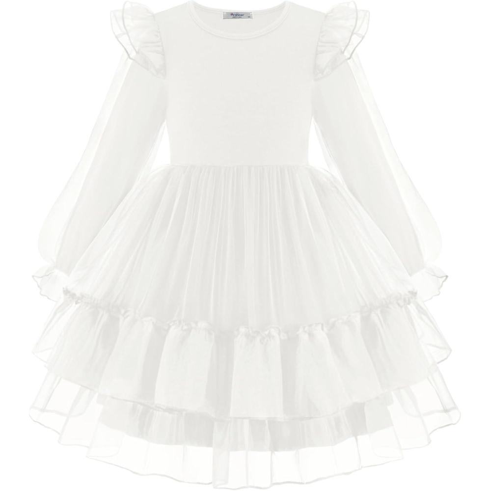 imageArshiner Toddler Girls Tiered Tutu Dress Fall Formal Party Birthday Princess Long Sleeve Tulle DressesWhite