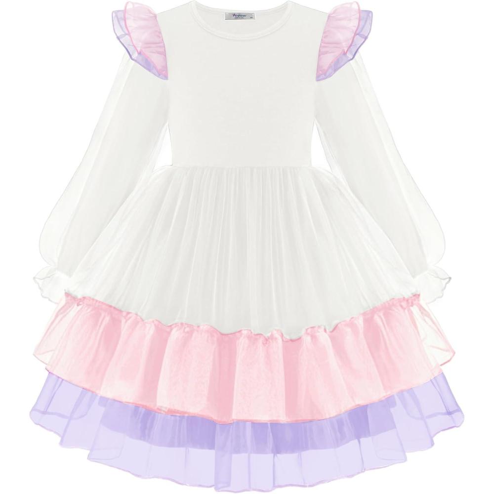 imageArshiner Toddler Girls Tiered Tutu Dress Fall Formal Party Birthday Princess Long Sleeve Tulle DressesWhite Pink Purple Gradient