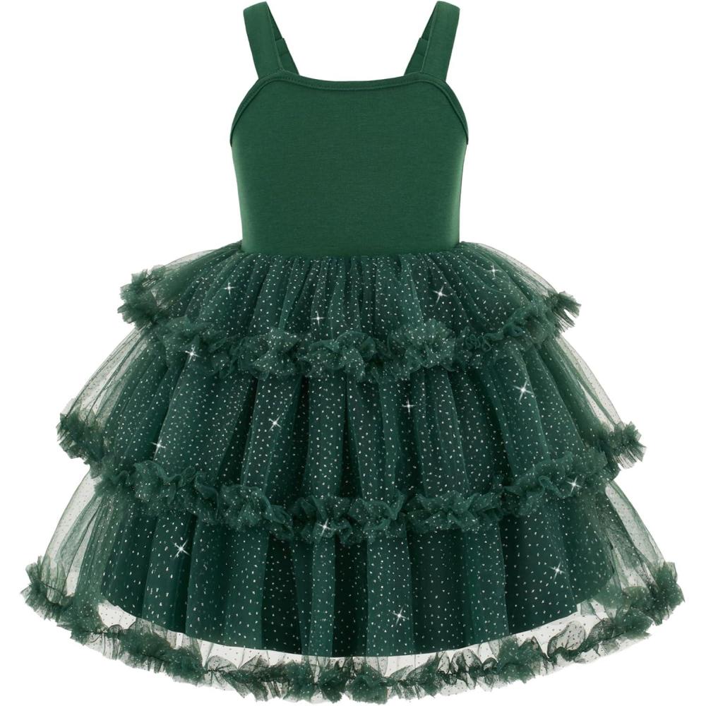 imageArshiner Toddler Girls Tulle Dress Tiered Ruffle Fluffy Spaghetti Straps Tutu Dresses Summer Clothes 28 YearsDark Green Glitter