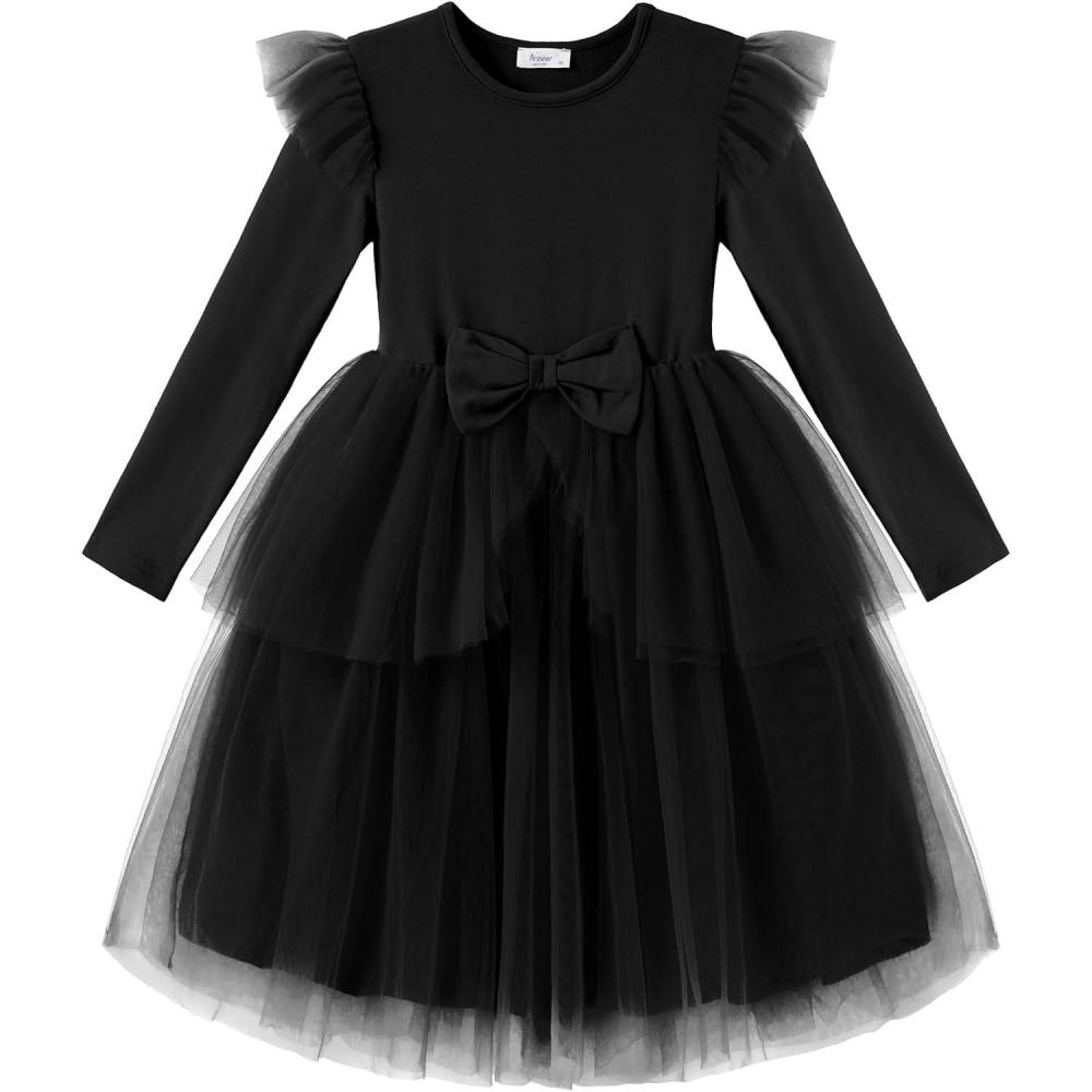 imageArshiner Toddler Girls Tutu Dress Princess Tiered Tulle Long Sleeve Bowknot Birthday Party DressesBlack