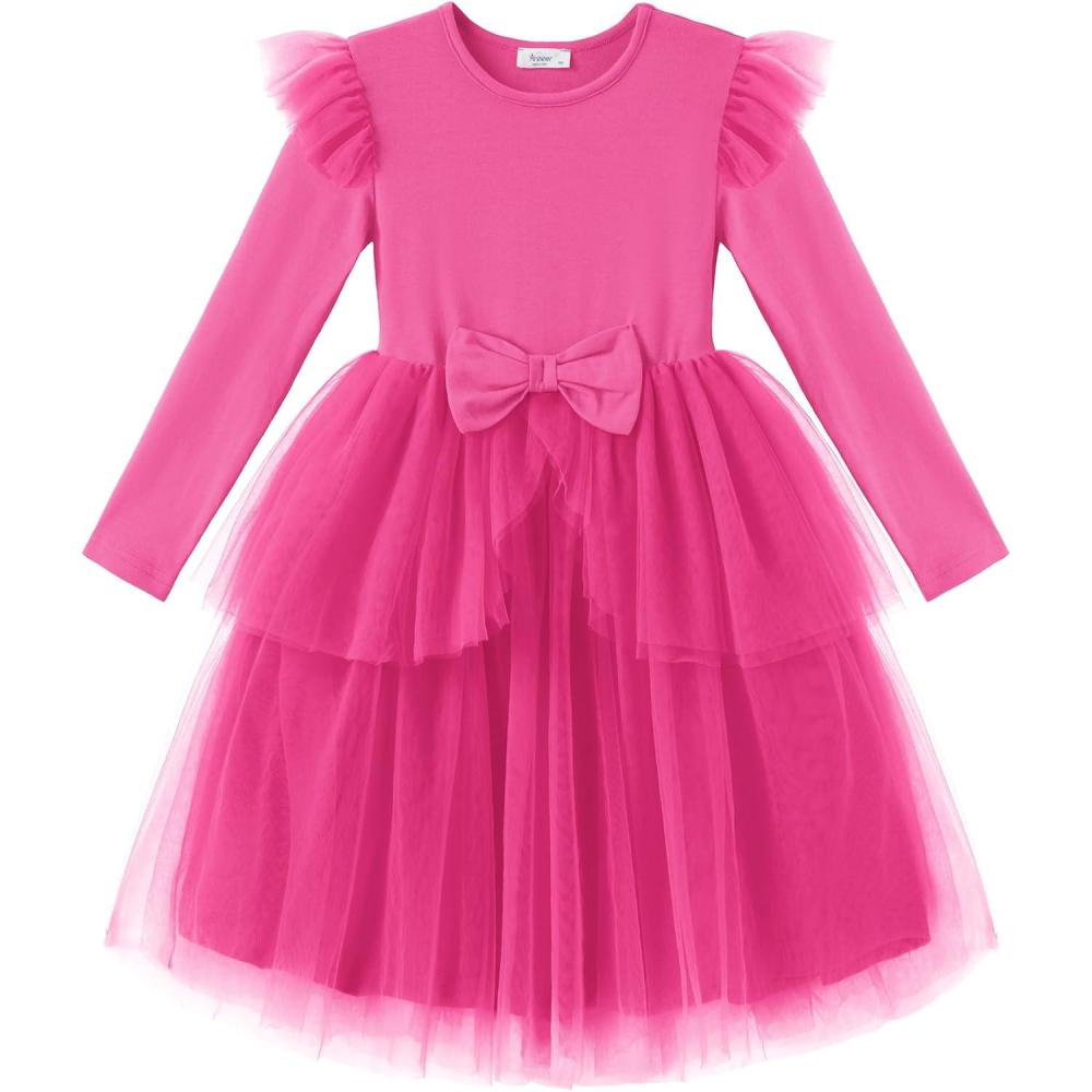 imageArshiner Toddler Girls Tutu Dress Princess Tiered Tulle Long Sleeve Bowknot Birthday Party DressesHot Pink