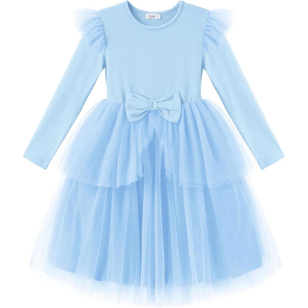 imageArshiner Toddler Girls Tutu Dress Princess Tiered Tulle Long Sleeve Bowknot Birthday Party DressesLight Blue