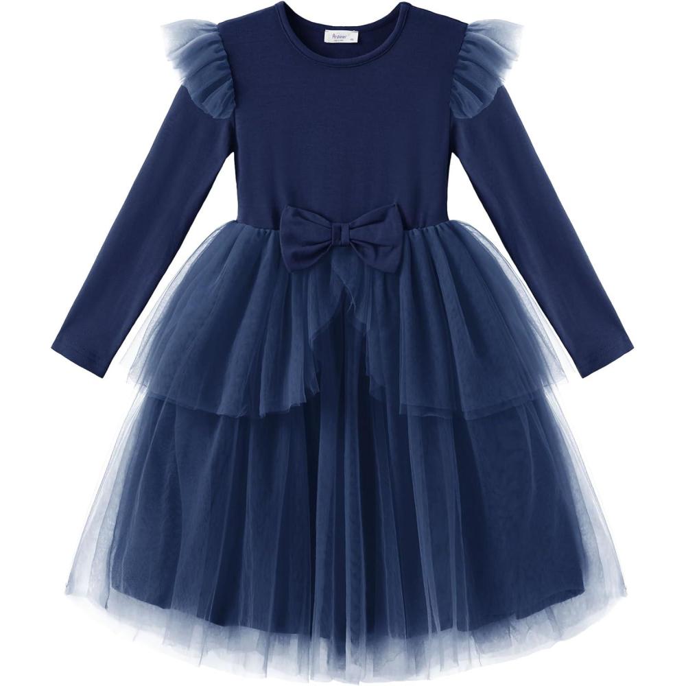 imageArshiner Toddler Girls Tutu Dress Princess Tiered Tulle Long Sleeve Bowknot Birthday Party DressesNavy Blue