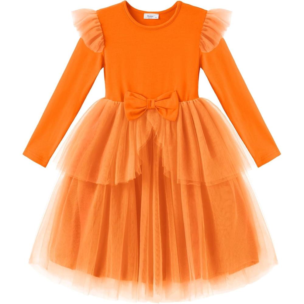 imageArshiner Toddler Girls Tutu Dress Princess Tiered Tulle Long Sleeve Bowknot Birthday Party DressesOrange