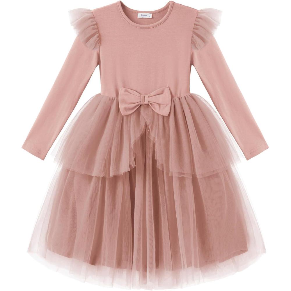 imageArshiner Toddler Girls Tutu Dress Princess Tiered Tulle Long Sleeve Bowknot Birthday Party DressesPink