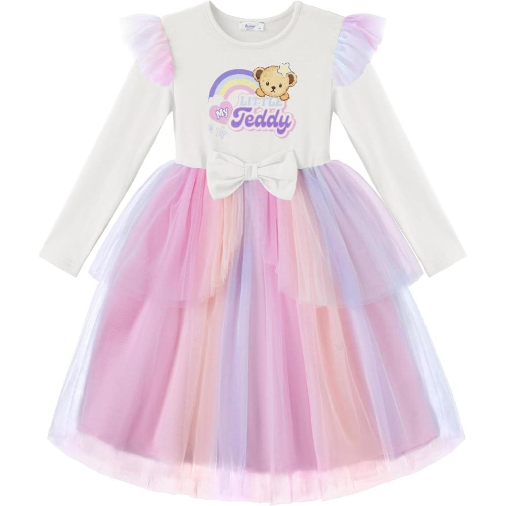 imageArshiner Toddler Girls Tutu Dress Princess Tiered Tulle Long Sleeve Bowknot Birthday Party DressesPink Rainbow