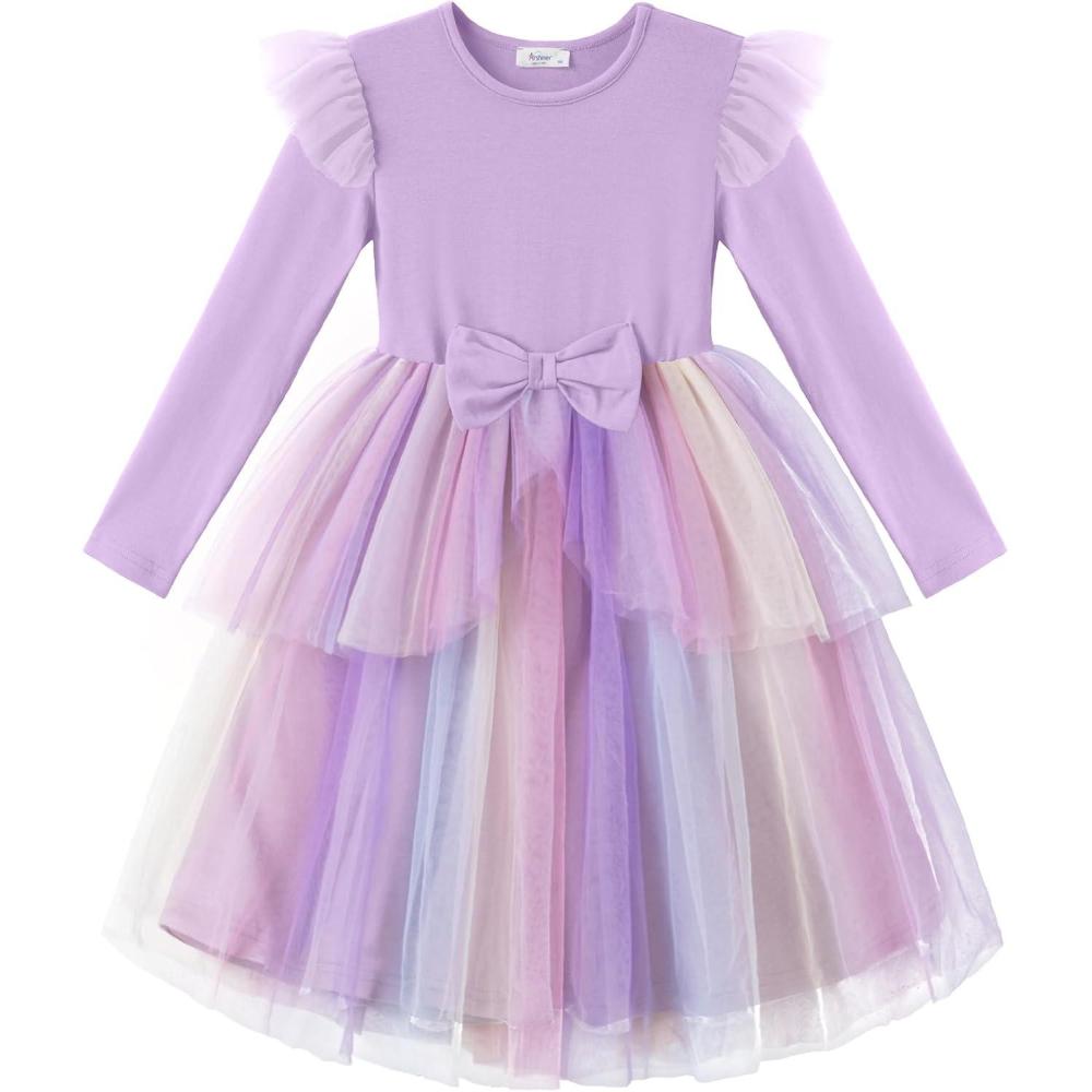 imageArshiner Toddler Girls Tutu Dress Princess Tiered Tulle Long Sleeve Bowknot Birthday Party DressesPurple Rainbow