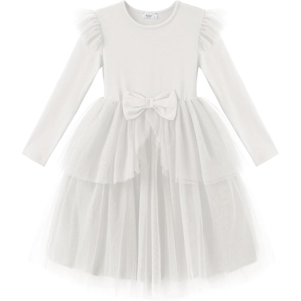 imageArshiner Toddler Girls Tutu Dress Princess Tiered Tulle Long Sleeve Bowknot Birthday Party DressesWhite