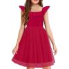 Arshiner Girls Dresses Summer Square Neck Ruffle Sleeve Formal Party Birthday Tulle Dress 6-14 Years(Red)