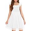 Arshiner Girls Dresses Summer Square Neck Ruffle Sleeve Formal Party Birthday Tulle Dress 6-14 Years(White)