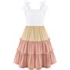Arshiner Girls Summer Dress Tween Boho Casual Bowknot Strap Sleeveless Swing Flowy Ruffle Tiered Sundresses with Pockets(Khaki Color Block)