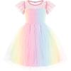 Arshiner Little Girl Dresses Contrast Mesh Ruffle Sleeve Birthday Holiday Princess Toddler Tulle Dress for 2-7 Years Old(Rainbow-1)