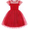 Arshiner Little Girl Dresses Contrast Mesh Ruffle Sleeve Birthday Holiday Princess Toddler Tulle Dress for 2-7 Years Old(Red)