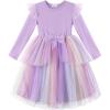 Arshiner Toddler Girls Tutu Dress Princess Tiered Tulle Long Sleeve Bowknot Birthday Party Dresses(Purple Rainbow)