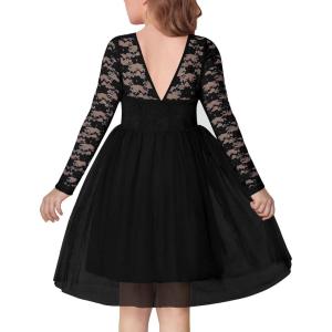 Arshiner Flower Girl Dress V Back Lace Long Sleeve Tulle Special Occasion Wedding Party Dresses(Black)