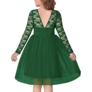 Arshiner Flower Girl Dress V Back Lace Long Sleeve Tulle Special Occasion Wedding Party Dresses(Dark Green)