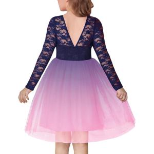 Arshiner Flower Girl Dress V Back Lace Long Sleeve Tulle Special Occasion Wedding Party Dresses(Pink Navy Blue)