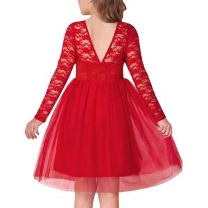 Arshiner Flower Girl Dress V Back Lace Long Sleeve Tulle Special Occasion Wedding Party Dresses(Red)