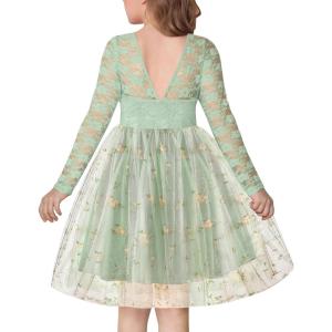 Arshiner Flower Girl Dress V Back Lace Long Sleeve Tulle Special Occasion Wedding Party Dresses(Sage Green)