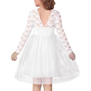 Arshiner Flower Girl Dress V Back Lace Long Sleeve Tulle Special Occasion Wedding Party Dresses(White)