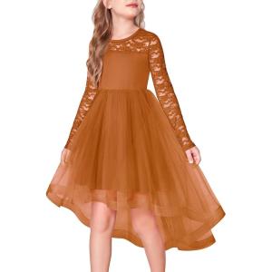 Arshiner Flower Girl Lace Tutu Dresses High Low Hem Long Sleeve Flowy Formal Party Wedding Dress(Brown)