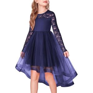 Arshiner Flower Girl Lace Tutu Dresses High Low Hem Long Sleeve Flowy Formal Party Wedding Dress(Navy Blue)