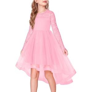 Arshiner Flower Girl Lace Tutu Dresses High Low Hem Long Sleeve Flowy Formal Party Wedding Dress(Pink)