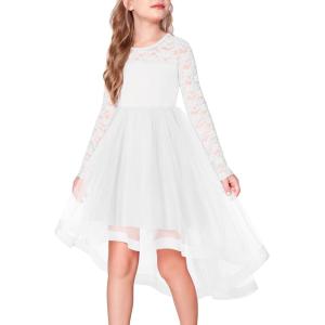 Arshiner Flower Girl Lace Tutu Dresses High Low Hem Long Sleeve Flowy Formal Party Wedding Dress(White)