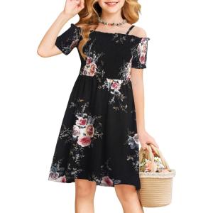 Arshiner Girls Casual Summer Floral Sleeveless Sundress Holiday Cami Dress(Black)