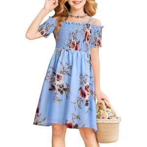 Arshiner Girls Casual Summer Floral Sleeveless Sundress Holiday Cami Dress(Light Blue)