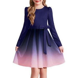 Arshiner Girls Dresses Puff Long Sleeve Fall Winter Formal Party Belted Dress with Pockets 6-14Y(Gradient)