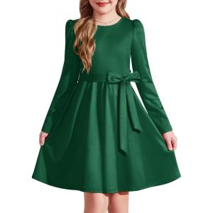 Arshiner Girls Dresses Puff Long Sleeve Fall Winter Formal Party Belted Dress with Pockets 6-14Y(Green)