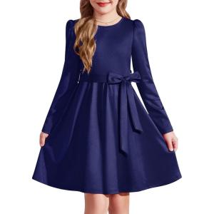 Arshiner Girls Dresses Puff Long Sleeve Fall Winter Formal Party Belted Dress with Pockets 6-14Y(Navy Blue)