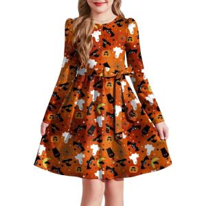 Arshiner Girls Dresses Puff Long Sleeve Fall Winter Formal Party Belted Dress with Pockets 6-14Y(Orange)