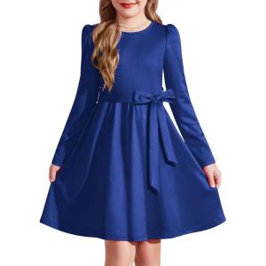 Arshiner Girls Dresses Puff Long Sleeve Fall Winter Formal Party Belted Dress with Pockets 6-14Y(Sky Blue)