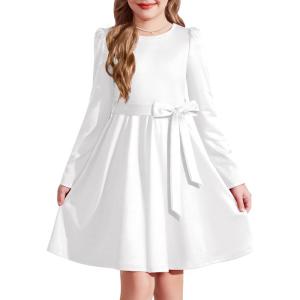 Arshiner Girls Dresses Puff Long Sleeve Fall Winter Formal Party Belted Dress with Pockets 6-14Y(White)