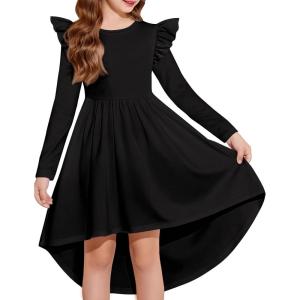 Arshiner Girls Dresses Ruffle Long Sleeve High Low Flowy Swing Casual Party Dresses with Pockets for 5-12 Y(Black)