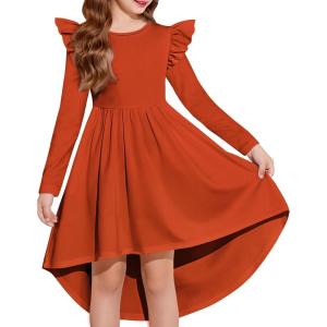 Arshiner Girls Dresses Ruffle Long Sleeve High Low Flowy Swing Casual Party Dresses with Pockets for 5-12 Y(Champagne)