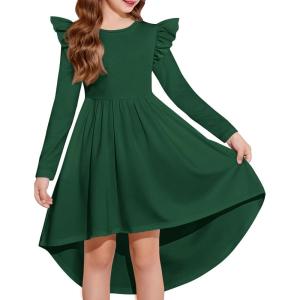 Arshiner Girls Dresses Ruffle Long Sleeve High Low Flowy Swing Casual Party Dresses with Pockets for 5-12 Y(Dark Green)