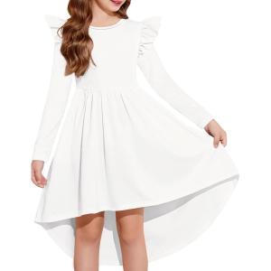 Arshiner Girls Dresses Ruffle Long Sleeve High Low Flowy Swing Casual Party Dresses with Pockets for 5-12 Y(White)