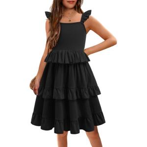 Arshiner Girls Dresses Ruffle Sleeve Tiered Casual Flowy Swing Tween Sundress with Pockets for Girls 5-13 Years(Black)