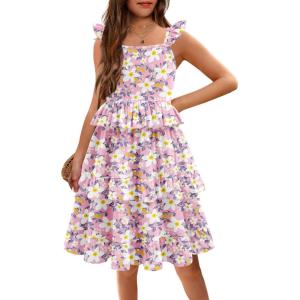 Arshiner Girls Dresses Ruffle Sleeve Tiered Casual Flowy Swing Tween Sundress with Pockets for Girls 5-13 Years(Floral Pink)