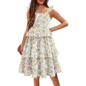 Arshiner Girls Dresses Ruffle Sleeve Tiered Casual Flowy Swing Tween Sundress with Pockets for Girls 5-13 Years(Floral Yellow)