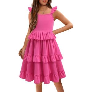 Arshiner Girls Dresses Ruffle Sleeve Tiered Casual Flowy Swing Tween Sundress with Pockets for Girls 5-13 Years(Hot Pink)