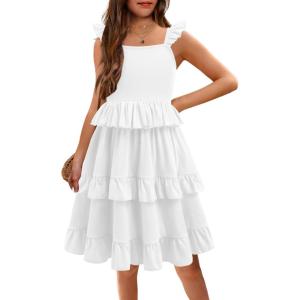 Arshiner Girls Dresses Ruffle Sleeve Tiered Casual Flowy Swing Tween Sundress with Pockets for Girls 5-13 Years(White)