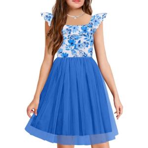 Arshiner Girls Dresses Summer Square Neck Ruffle Sleeve Formal Party Birthday Tulle Dress 6-14 Years(Blue Flower)