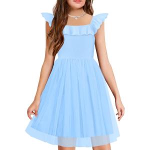 Arshiner Girls Dresses Summer Square Neck Ruffle Sleeve Formal Party Birthday Tulle Dress 6-14 Years(Light Blue)